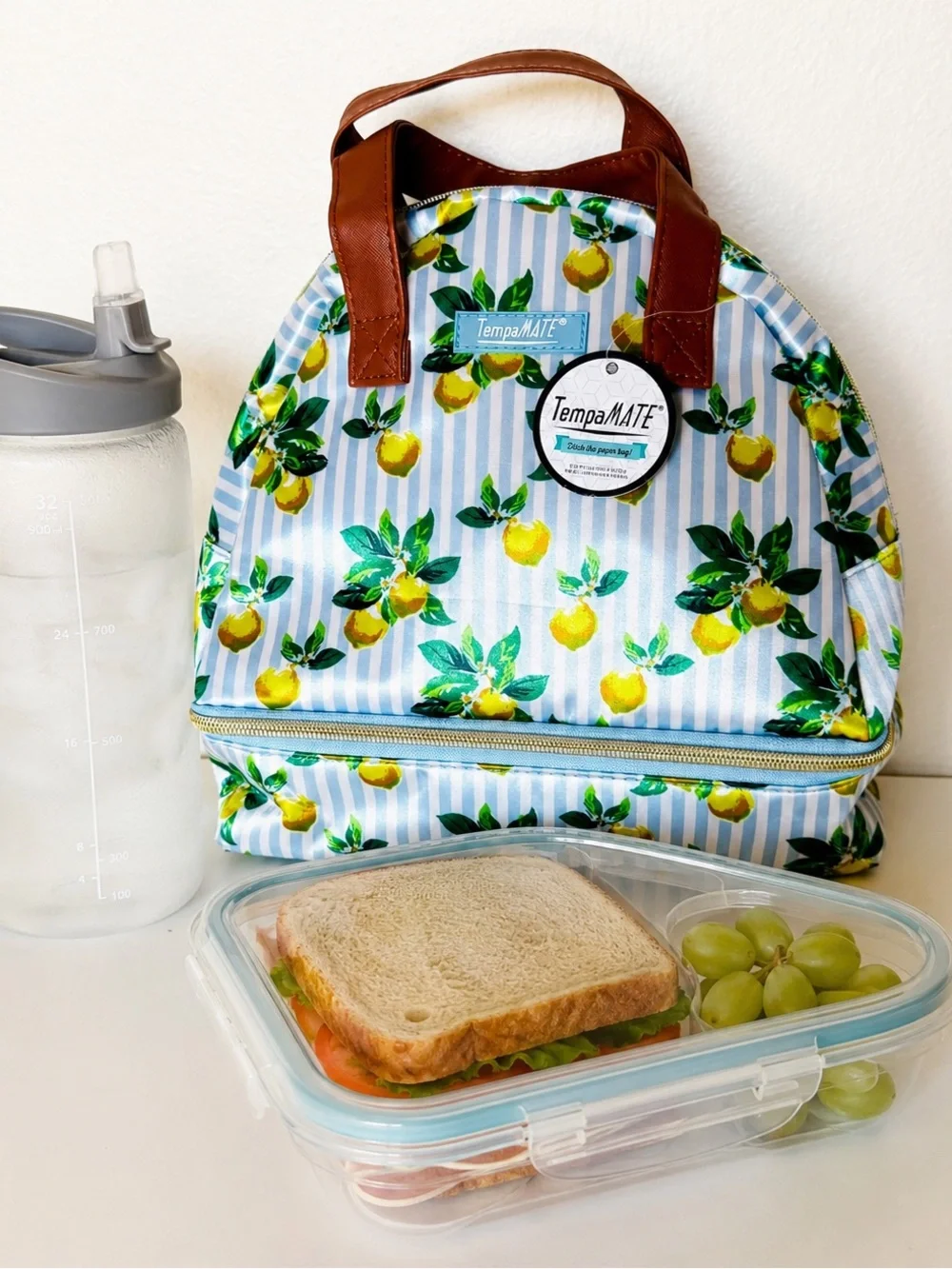 NWT TempaMATE Lemon Print Insulated Lunch Bag Dual Compartment Cooler Tote